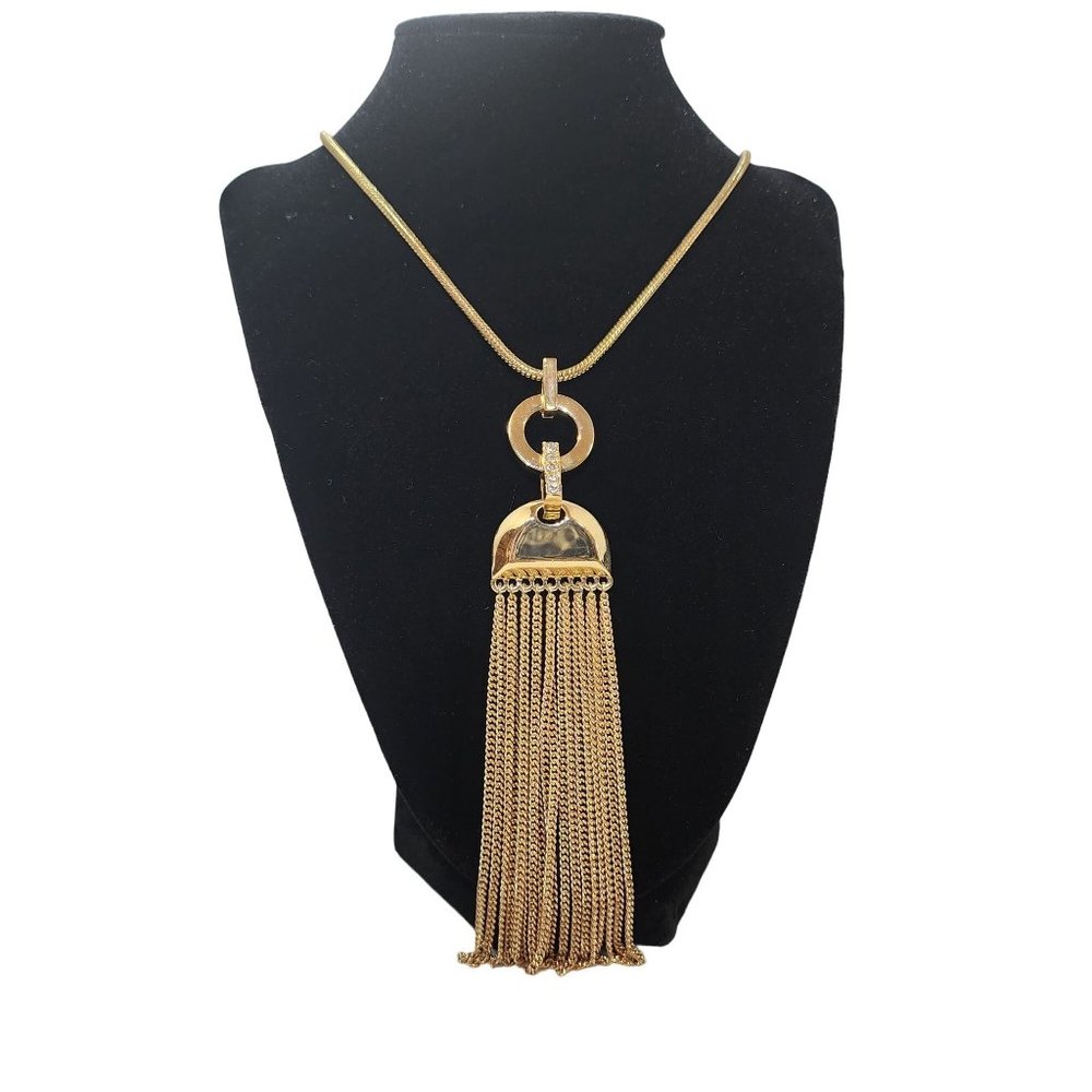 Gold Long‎ Chain Necklace Diamond Accents & Fringe Detail